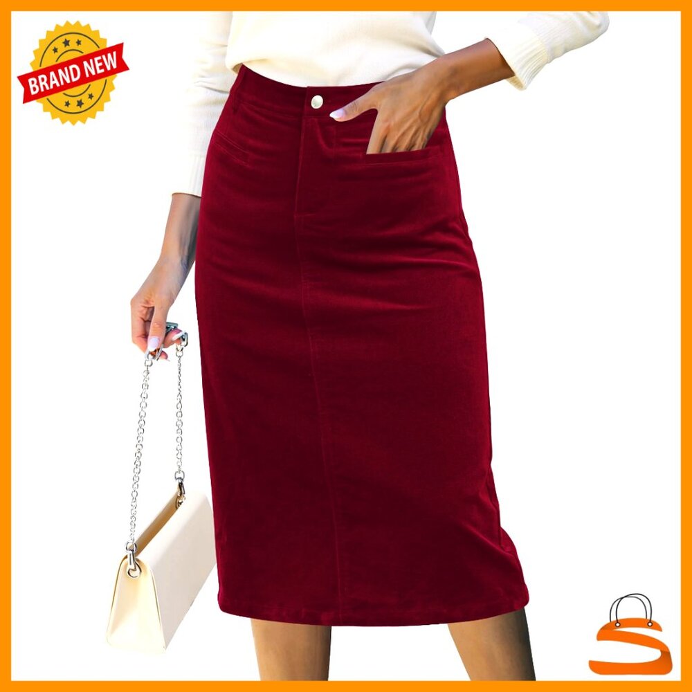 Corduroy Midi Skirt High Waisted Elastic Stretch Pockets Casual Chic Fall Trend